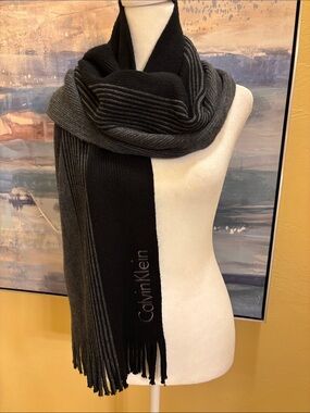 Calvin Klein Black and Gray Ribbed Knit Scarf with Fringe
